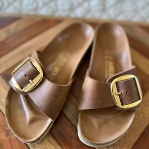 Birkenstock Tan Leather Slides with Gold Buckle